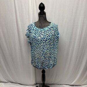 ANA Blue Leopard Print Short Sleeve Blouse Womens Sz Large Lightweight Sheer Top